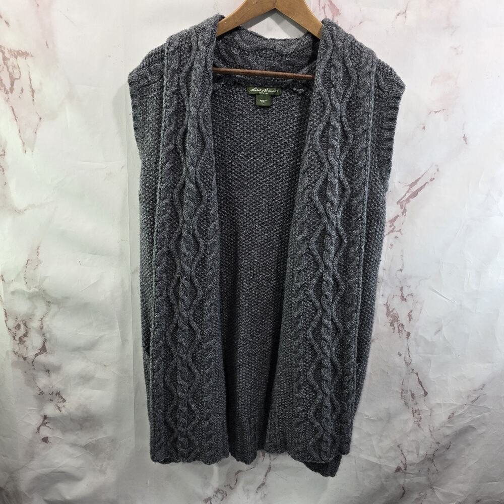 Eddie Bauer Cardigan Womens Large Gray Sweater Vest Topper Open Vintage Long
